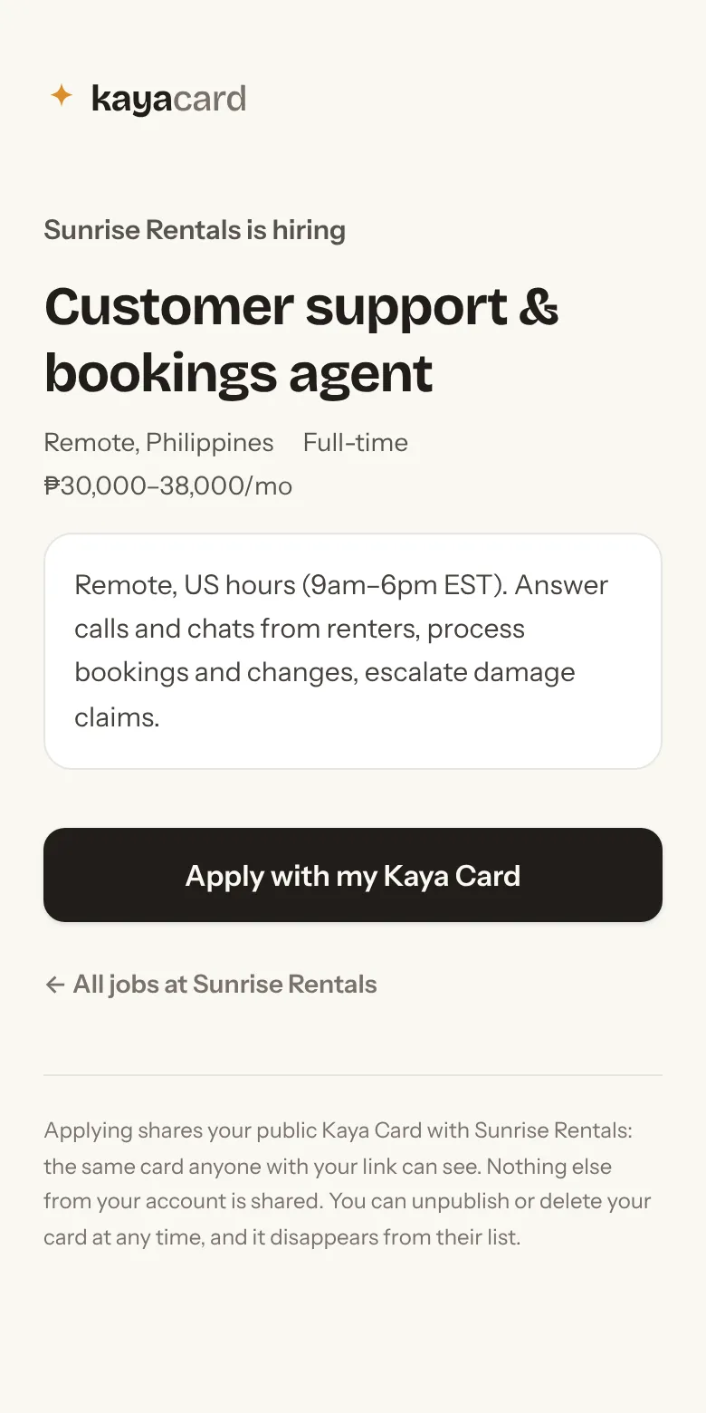 The apply page an applicant sees, with the job details and one button: Apply with my Kaya Card.