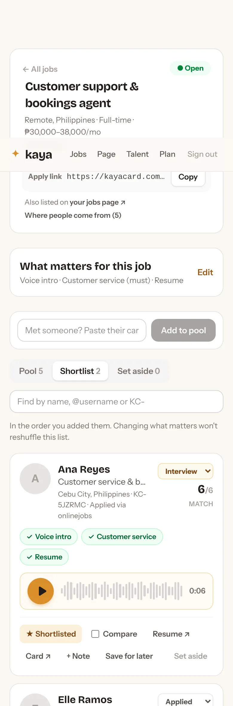 The shortlist tab with two starred applicants.