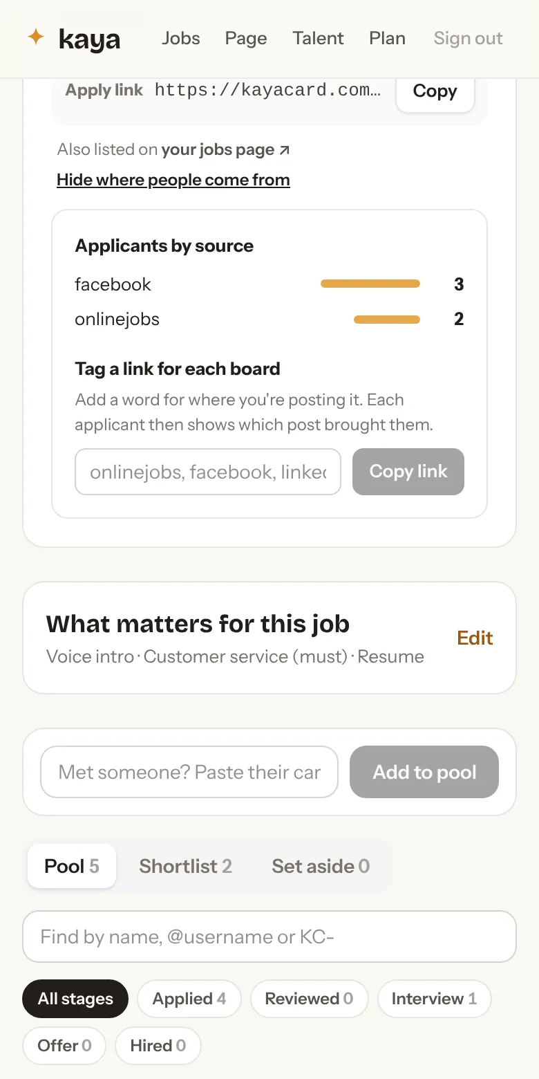 Applicants by source: a small bar for each board, and a box that builds a tagged link.