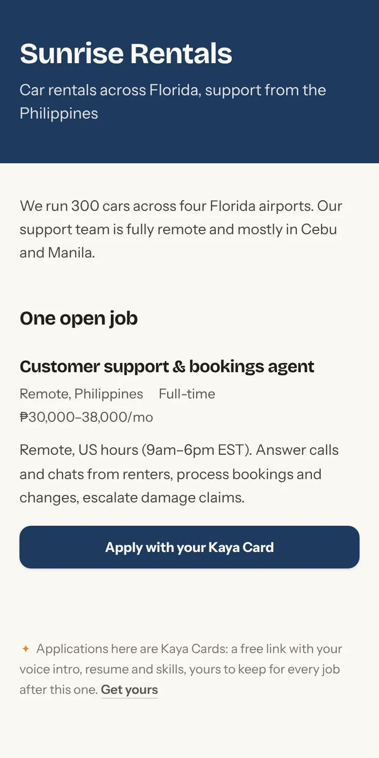 A company jobs page: a navy band with the company name and tagline, and the open job with an apply button.