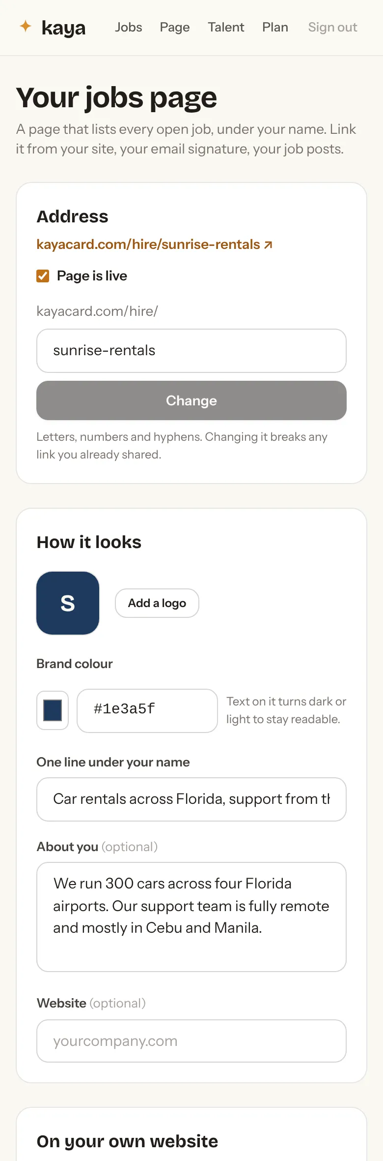 The jobs page settings: address, logo, colour, and the embed code for your own website.